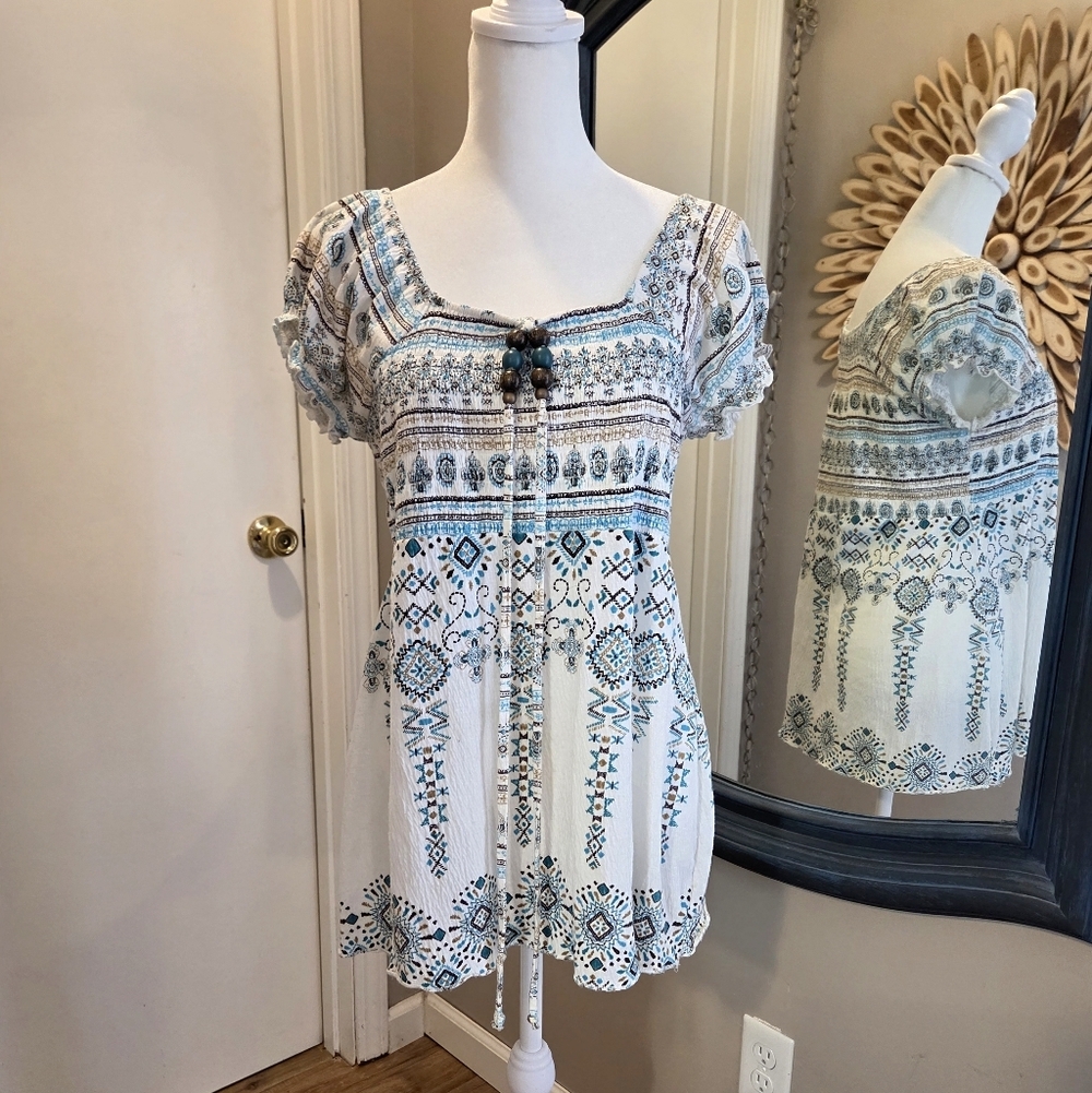 Cato White And Blue Boho Top